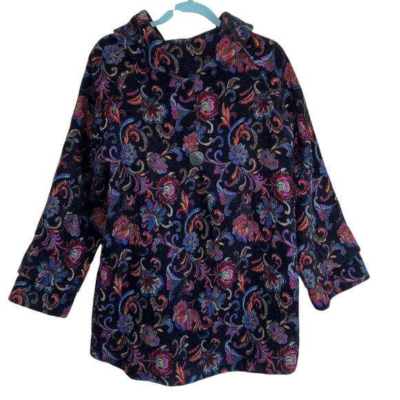 Habitat Sz M Floral Jacquard Tapestry Swing Coat Jacket Chunky Buttons Bohemian - Picture 2 of 16